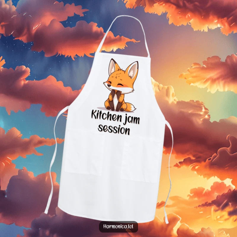 Funny apron featuring a curious fox playing a harmonica, ideal for kitchen fun and protecting clothes.