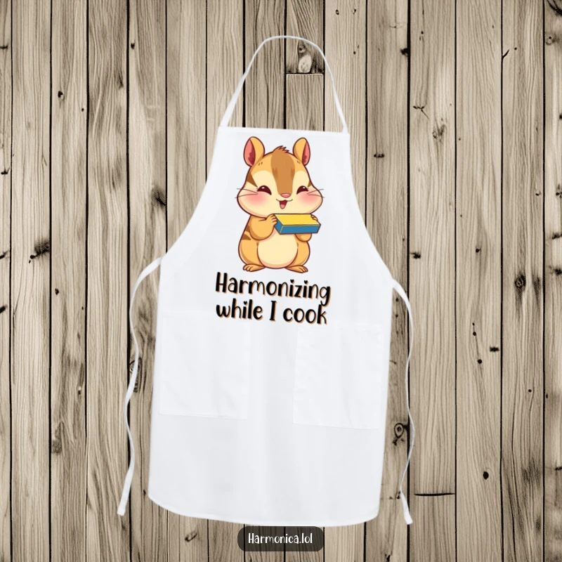 Funny apron featuring a happy chipmunk with puffed cheeks, playing a harmonica, perfect for adding musical fun to cooking.