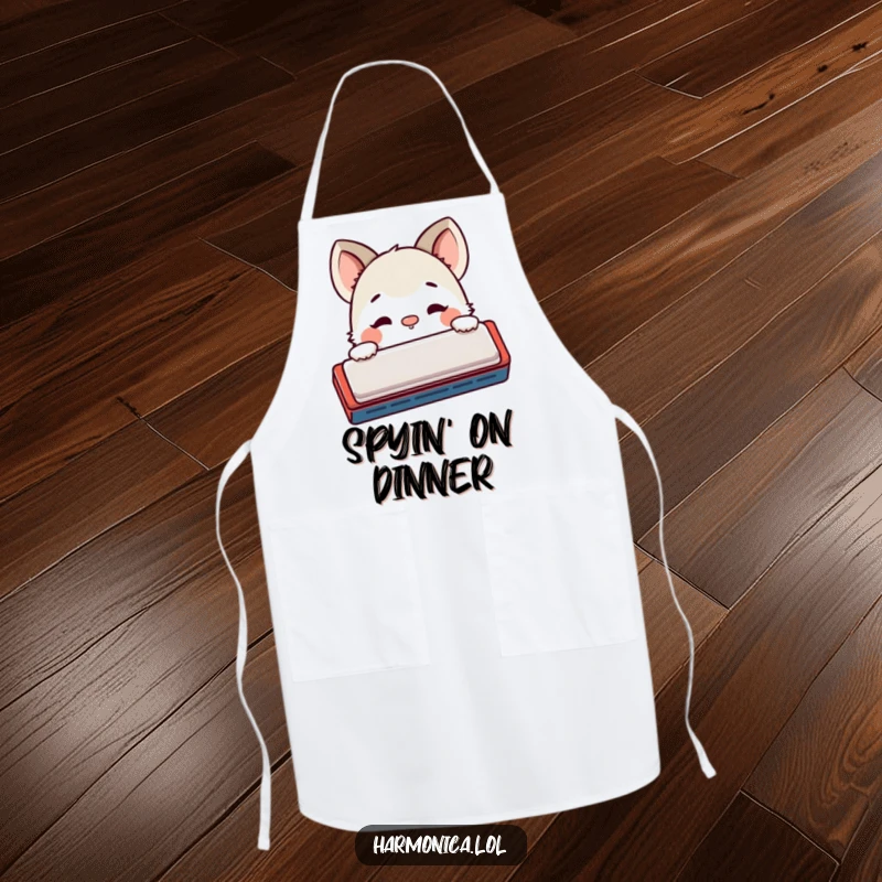 Funny apron: A shy creature peeks from behind a harmonica, nose twitching curiously, ideal for a cook with a playful spirit.