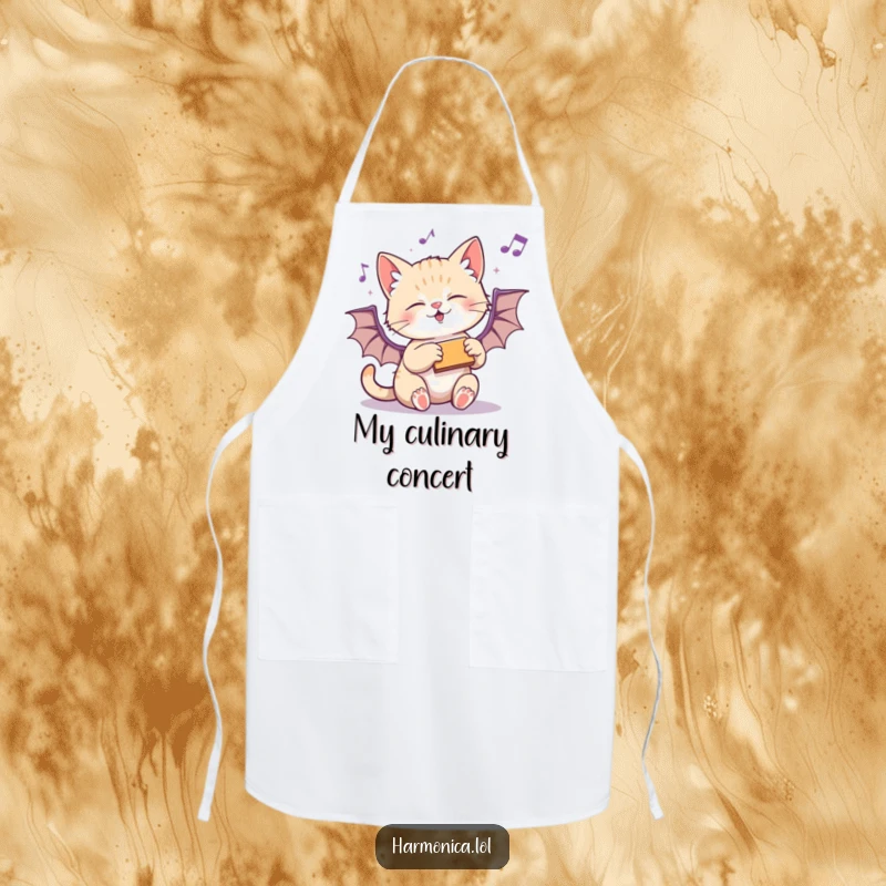 Funny apron featuring a playful kitten batting at a harmonica, ideal for kitchen fun and mess protection.