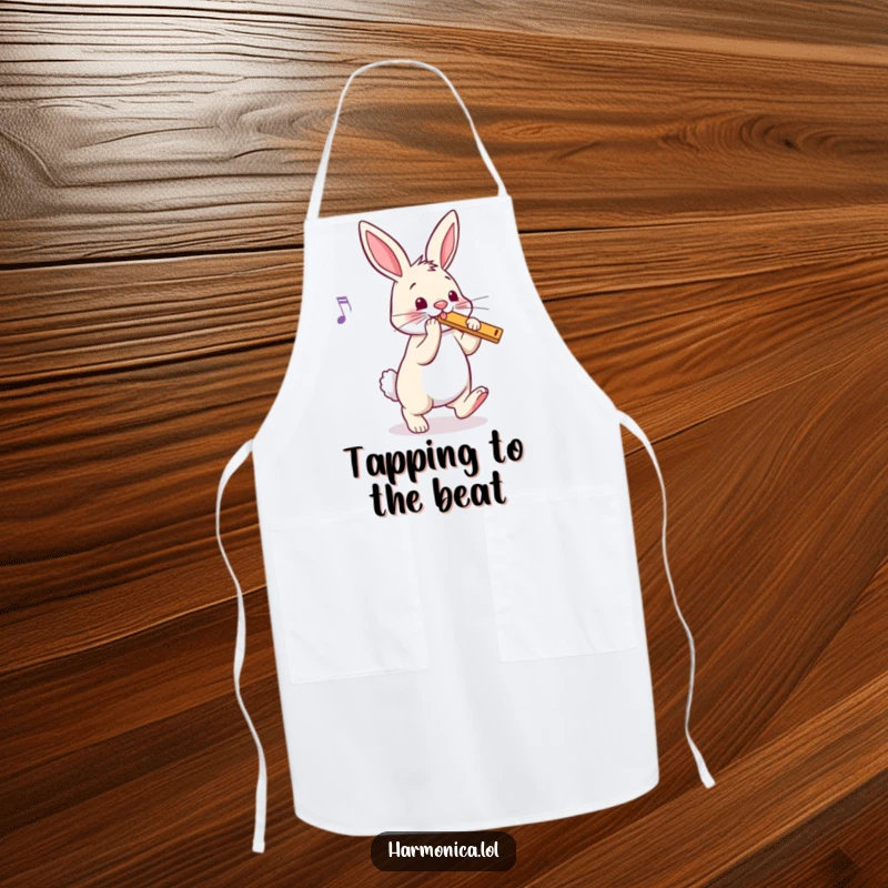 Funny bunny harmonica apron depicting a bouncy rabbit tapping its foot to music, adding rhythm and cheer to kitchen duties, a practical funny gift.