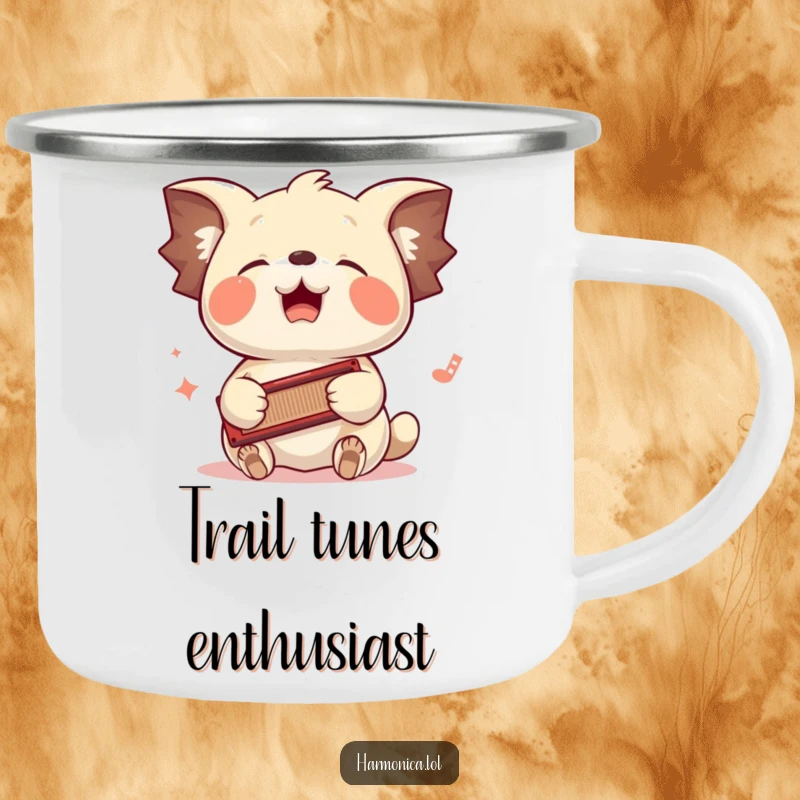 Funny camping mug: A floppy-eared creature bounces its head to a harmonica played with its paws, perfect for outdoor music lovers.