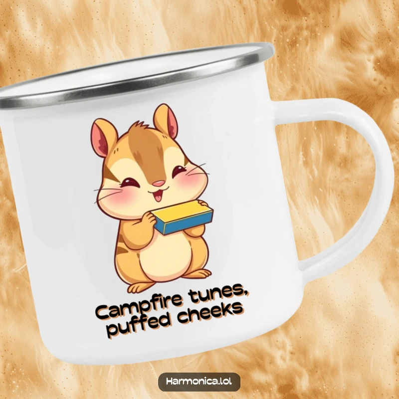 Funny camping mug with a happy chipmunk, puffed cheeks, playing a harmonica, perfect for outdoor drinks and musical vibes.