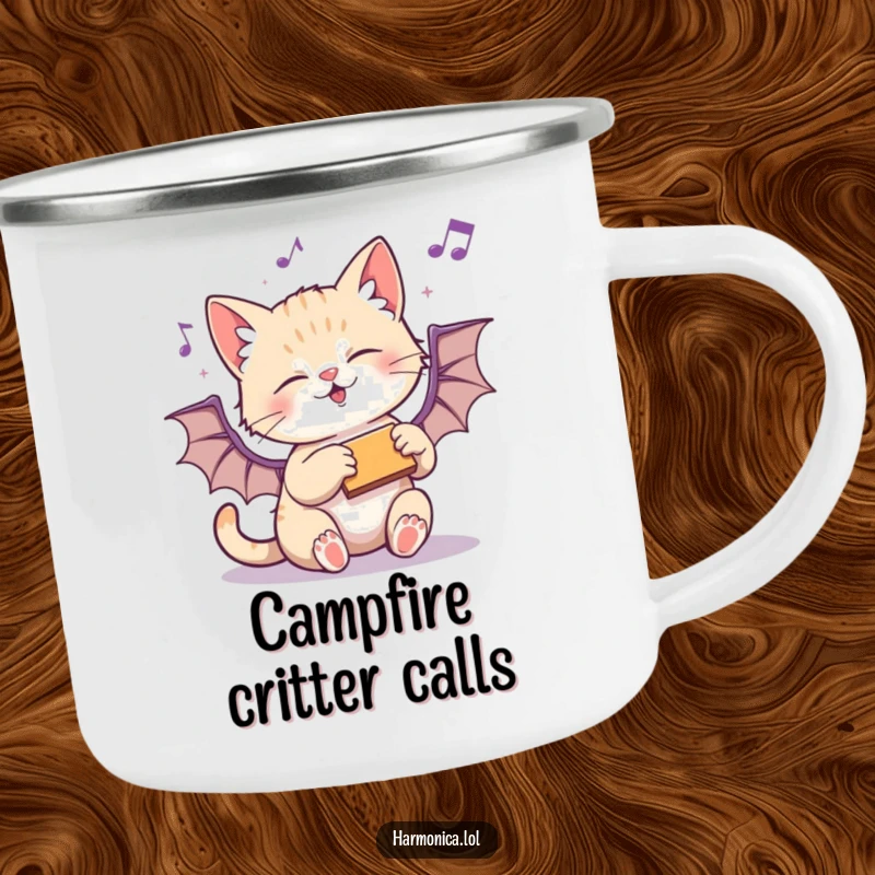 Funny camping mug featuring a playful kitten batting at a harmonica, durable for outdoor fun and musical moments.