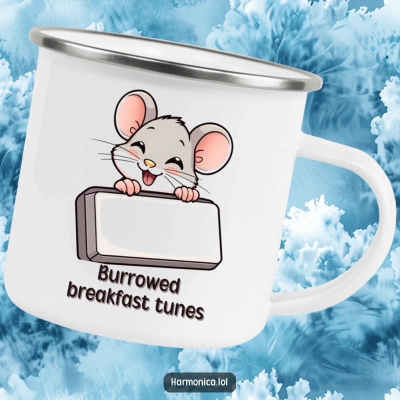 Funny camping mug featuring a giggling mouse peeking from behind a harmonica, durable for outdoor fun and musical moments.