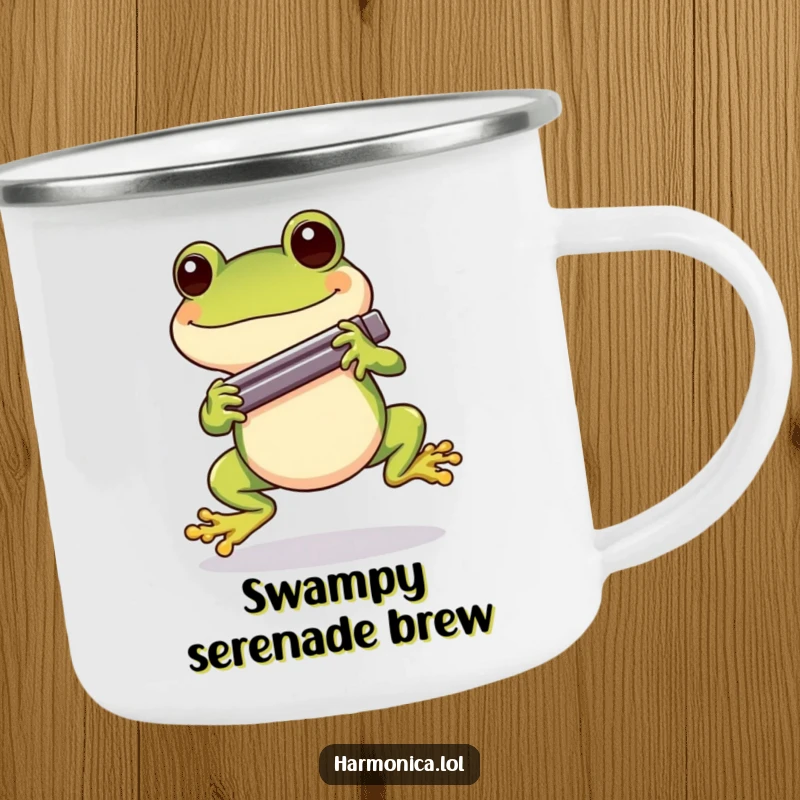 Funny Cheerful Frog Harmonica Camping Mug: A cheerful frog hopping with a harmonica, perfect for funny outdoor sips and tunes.