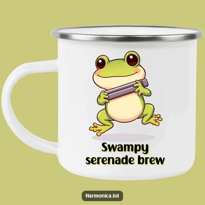 Funny Cheerful Frog Harmonica Camping Mug: Outdoor Music, Durable Camp Gift