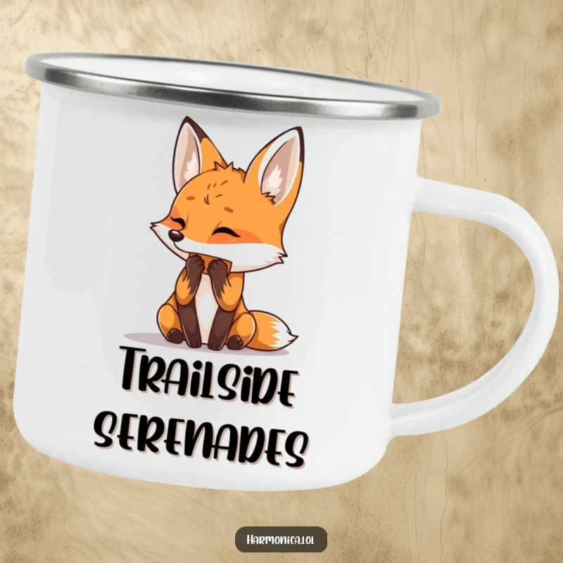 Funny camping mug featuring a curious fox playing a harmonica, durable for outdoor adventures and musical moments.