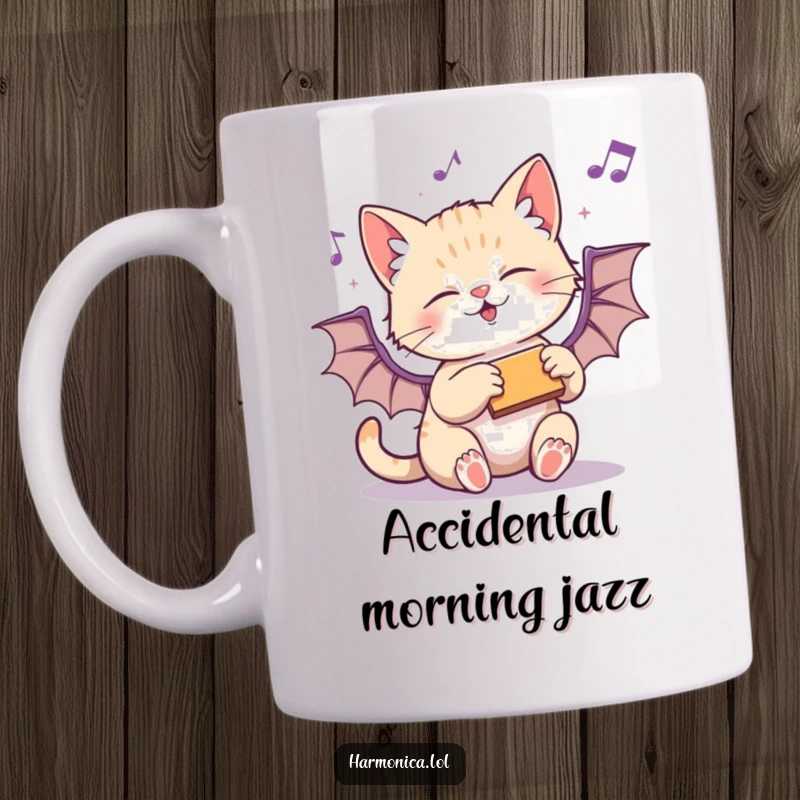 Funny mug with a playful kitten batting at a harmonica, with musical notes scattered around.