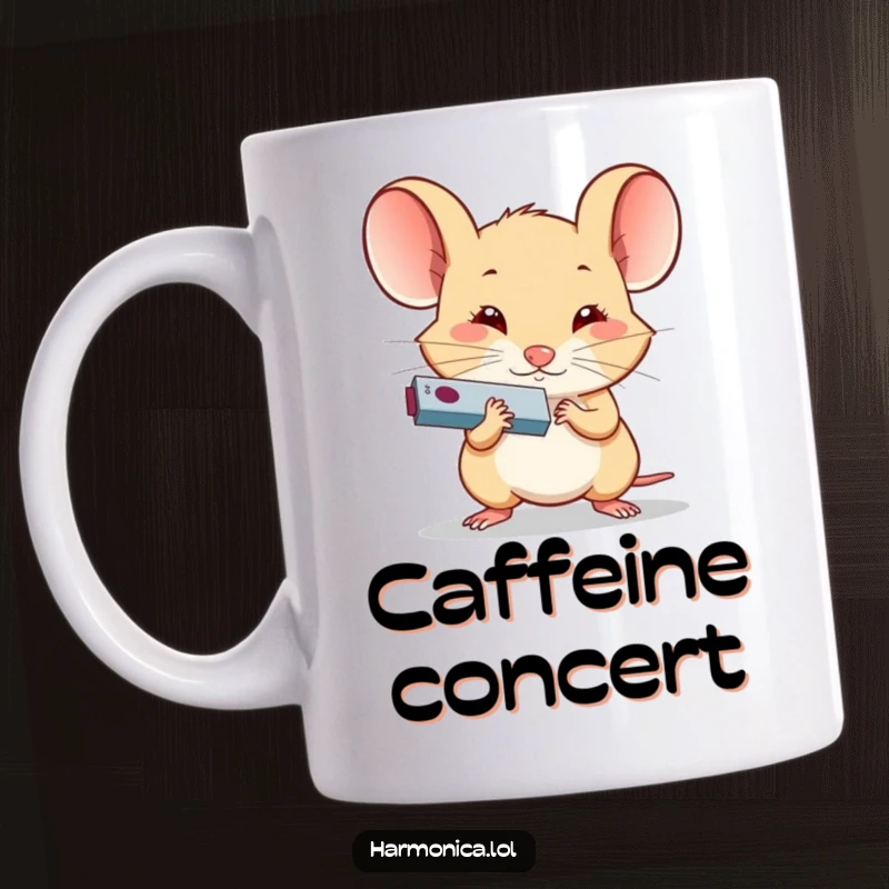 Funny Determined Mouse Harmonica Mug: A tiny mouse blowing hard into a small harmonica, full of effort and musical passion.
