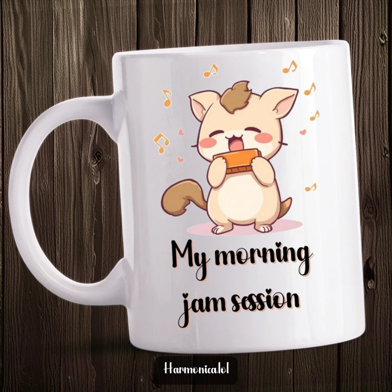 Funny mug: A short-tailed creature enthusiastically shakes a harmonica, scattering musical notes, expressing pure, noisy joy.