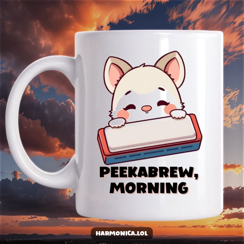 Funny mug: A shy creature peeks curiously from behind a harmonica, its nose twitching with playful interest, adding a touch of whimsy.