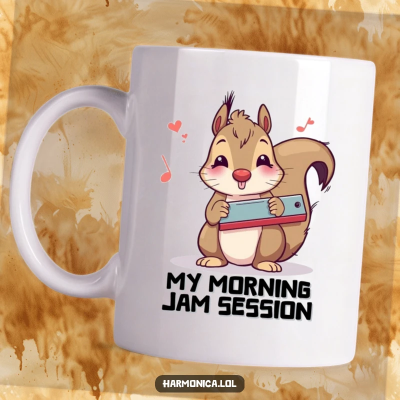 Funny squirrel mug with a playful squirrel playing a harmonica with musical notes, a unique and humorous gift idea.