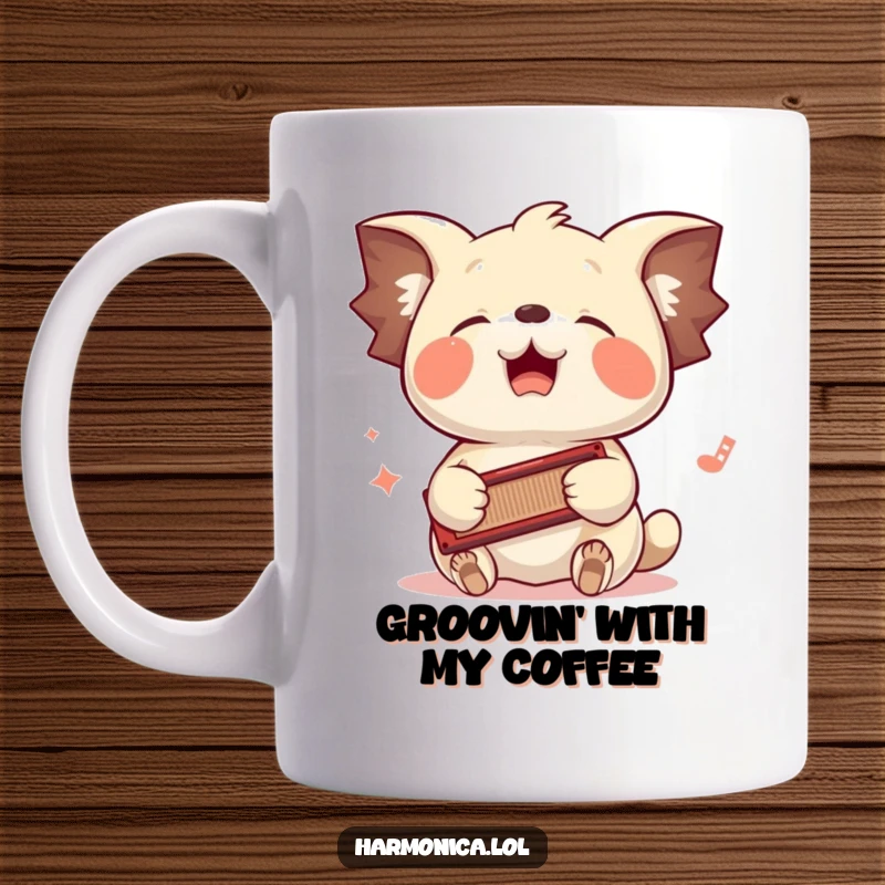 Funny mug: A creature with floppy ears enthusiastically bounces its head to the rhythm of a harmonica played in its paws.