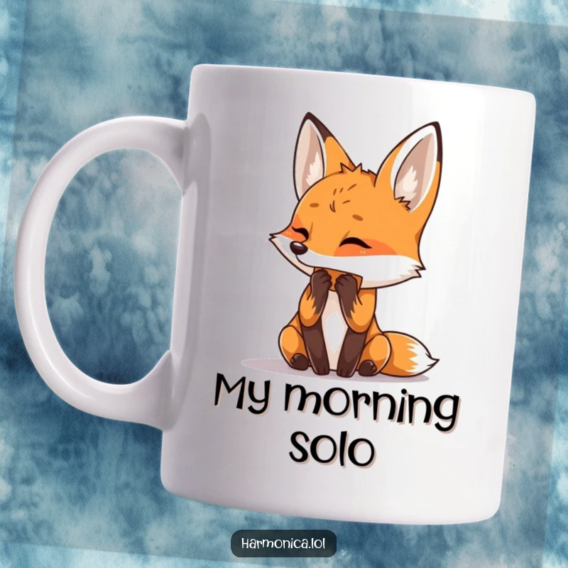 Funny mug with a curious fox tilting its head, intently playing a harmonica with musical notes floating around.