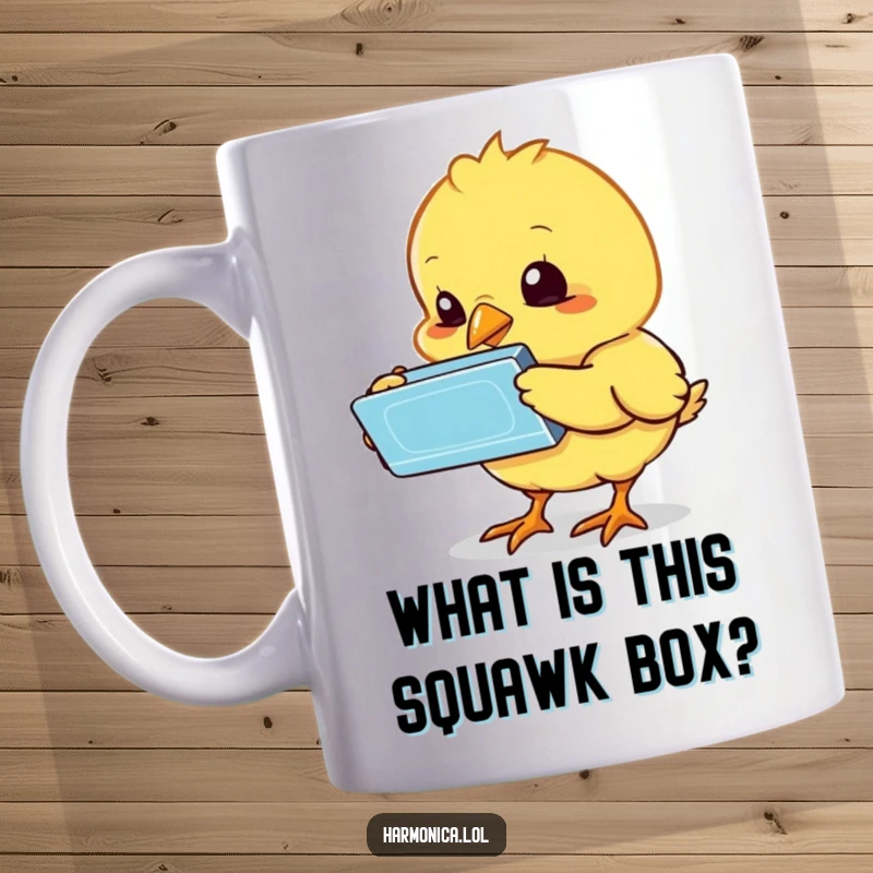 Funny chick mug with a curious baby bird pecking at a harmonica, looking utterly bewildered, a delightful and humorous gift.