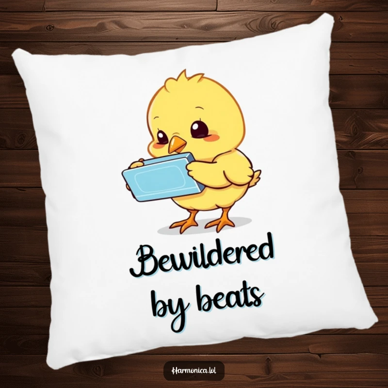 Funny chick harmonica pillow featuring a bewildered chick exploring a harmonica, providing cozy comfort and adorable, humorous decor, a sweet funny gift.