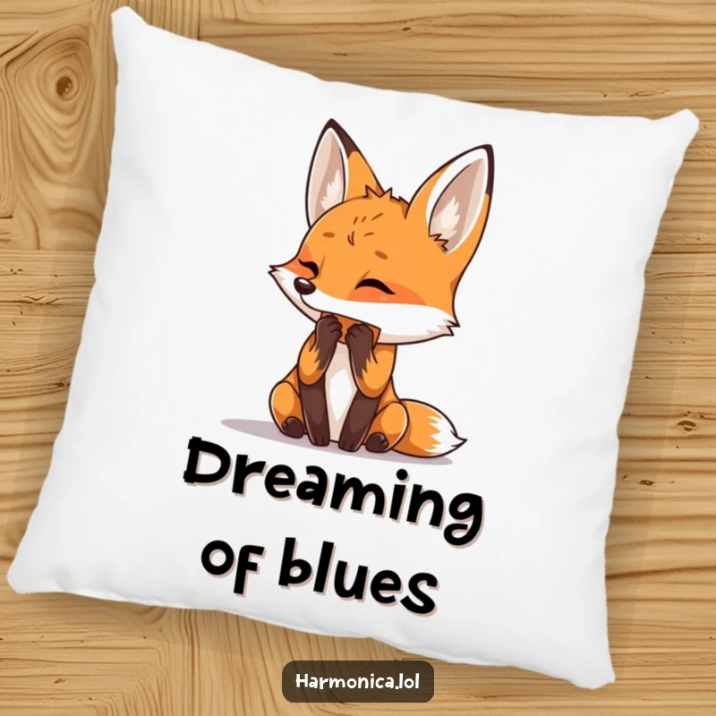 Funny pillow with a curious fox playing a harmonica, designed for comfort and a touch of musical joy.