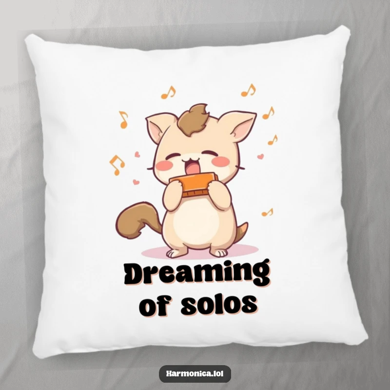 Funny pillow: A short-tailed creature shaking a harmonica with scattered musical notes, depicting a cozy, humorous musical moment.