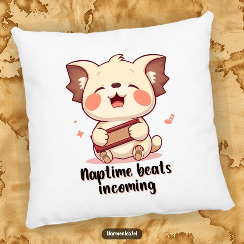 Funny pillow: A floppy-eared creature bounces its head to a harmonica played with its paws, perfect for adding musical humor to relaxation.