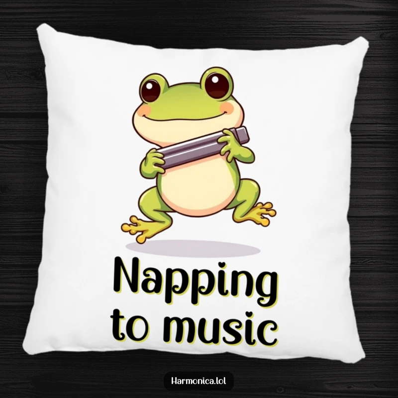 Funny Cheerful Frog Harmonica Pillow: A decorative pillow featuring a cheerful frog hopping with a harmonica, blending comfort and humor.