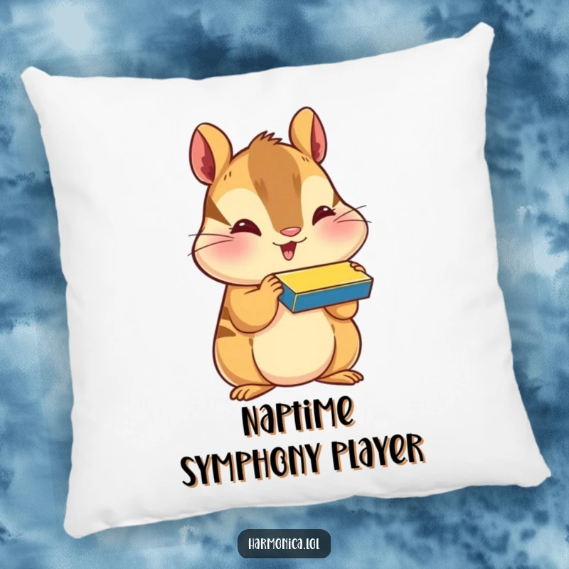 Funny pillow featuring a happy chipmunk with puffed cheeks, playing a harmonica, offering plush comfort and cute musical charm.