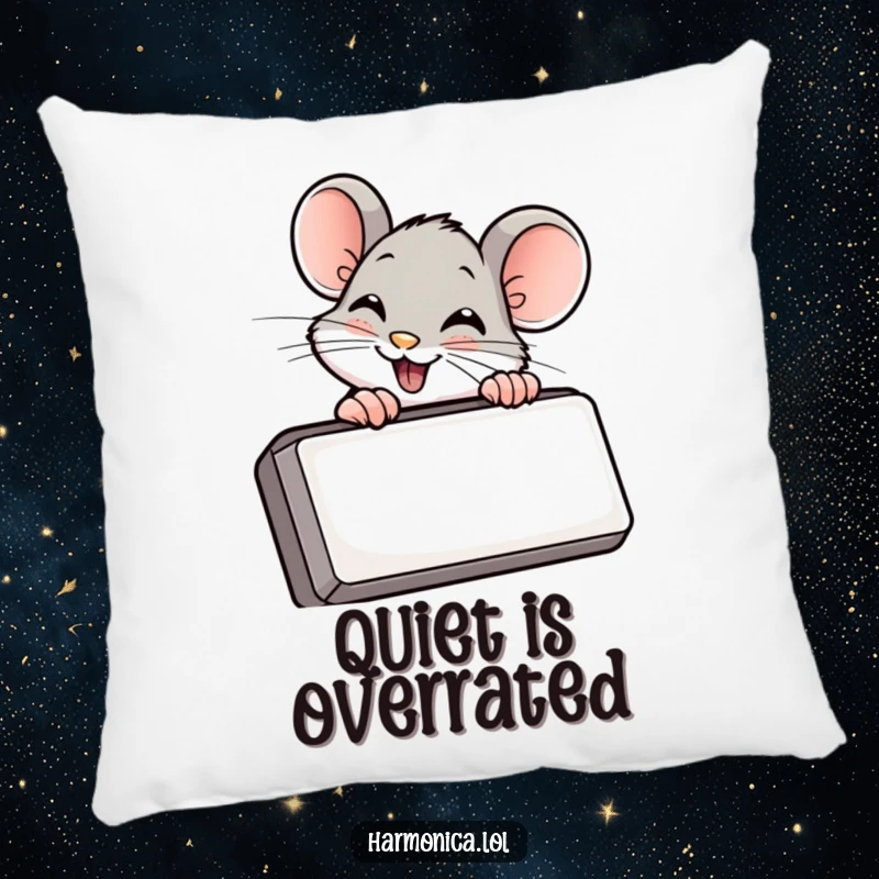 Funny pillow with a giggling mouse peeking from behind a harmonica, designed for comfort and a dose of musical joy.