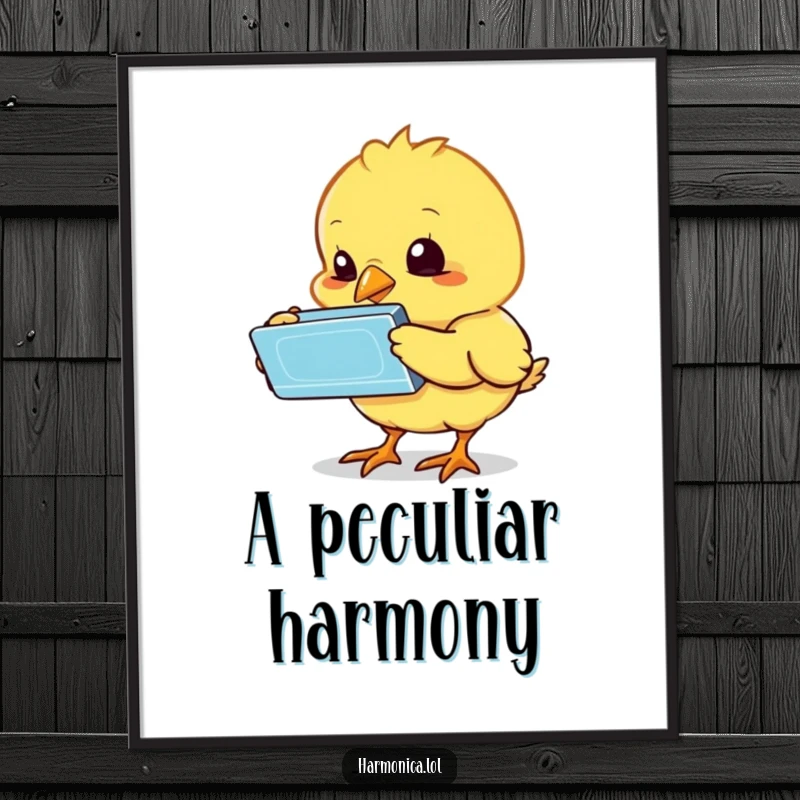 Funny chick harmonica digital art print of a bewildered chick investigating a harmonica, ideal for instant, humorous wall decor, a cute funny gift.
