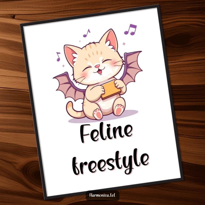 Funny digital art print of a playful kitten batting at a harmonica, perfect for instant wall decor and playful vibes.