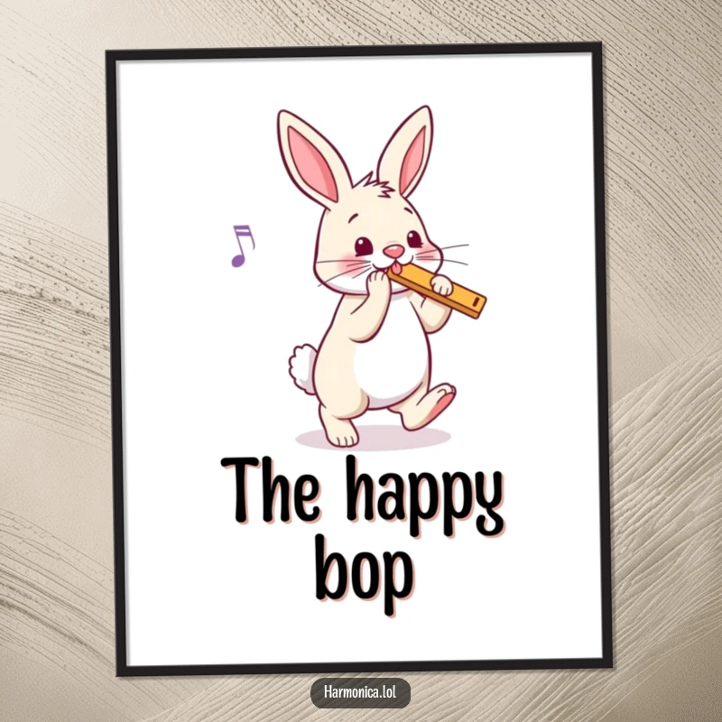 Funny bunny harmonica digital art print of a bouncy rabbit tapping its foot to music, ideal for instant, rhythmic wall decor, a fun funny gift.