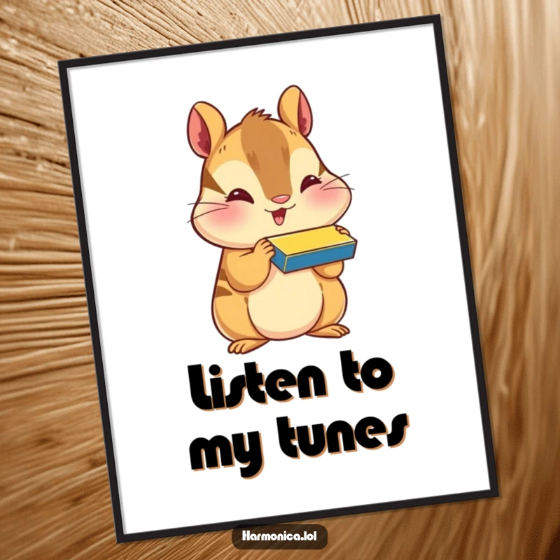 Funny digital art print of a happy chipmunk with puffed cheeks, playing a harmonica, providing instant cheerful musical decor.