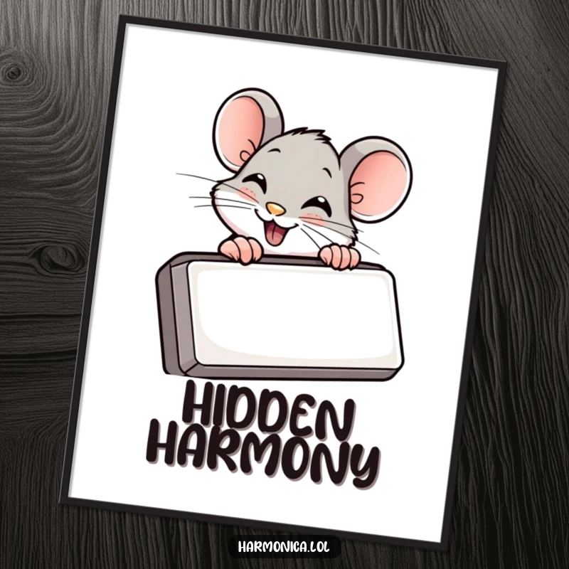Funny digital art print of a giggling mouse peeking from behind a harmonica, perfect for instant wall decor and playful vibes.