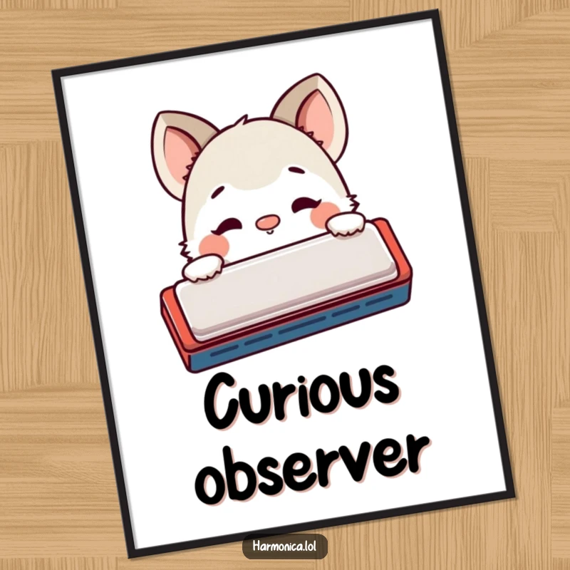 Funny digital art print: A shy creature peeks from behind a harmonica, nose twitching curiously, representing pure, understated playful interest.