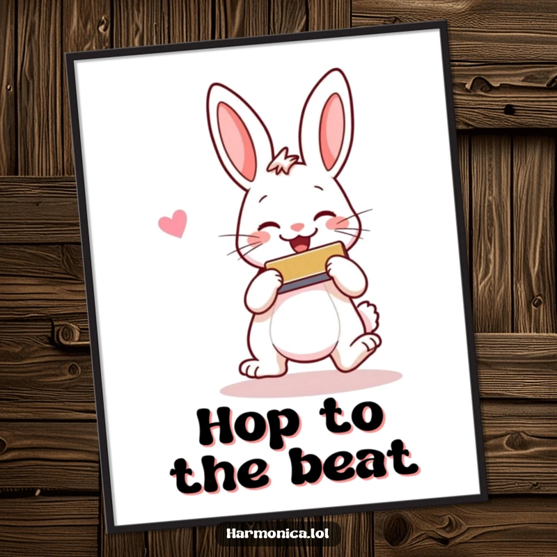 Funny digital art print of a cheerful rabbit hopping and smiling while playing a harmonica, providing instant joyful decor.