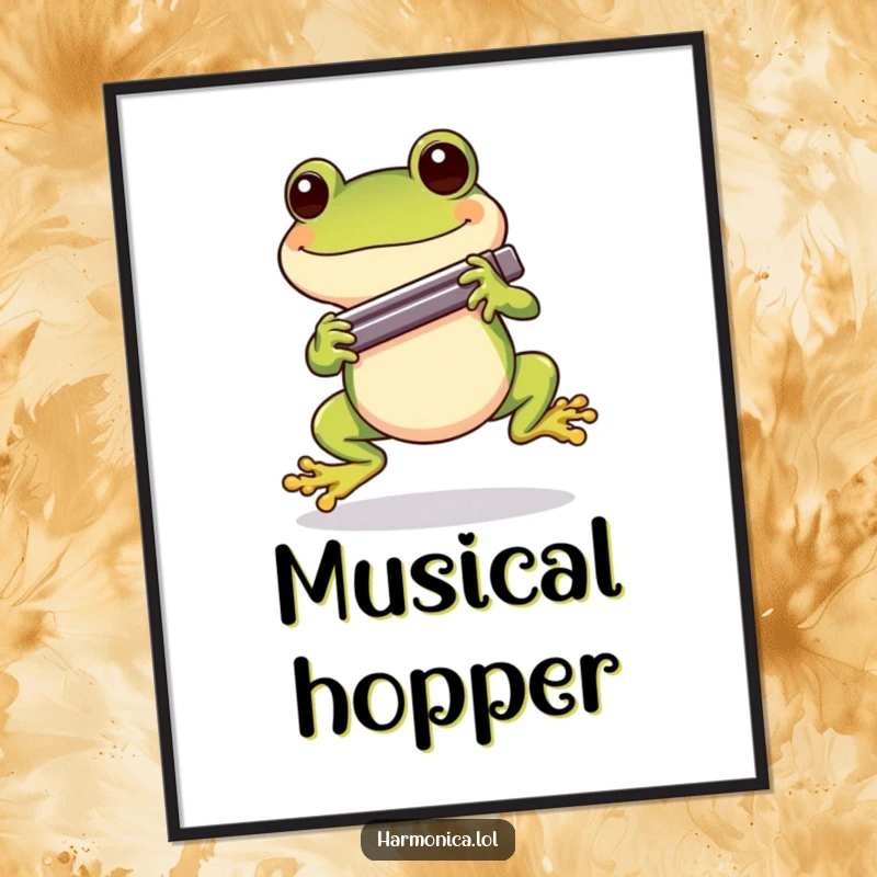 Funny Cheerful Frog Harmonica Digital Art: A cheerful frog hopping with a harmonica, a beautiful and funny downloadable artwork.