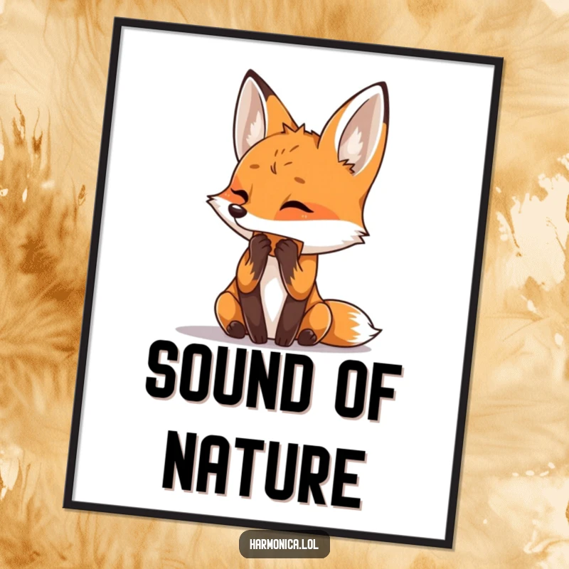 Funny digital art print of a curious fox playing a harmonica, perfect for instant wall decor and laughter.