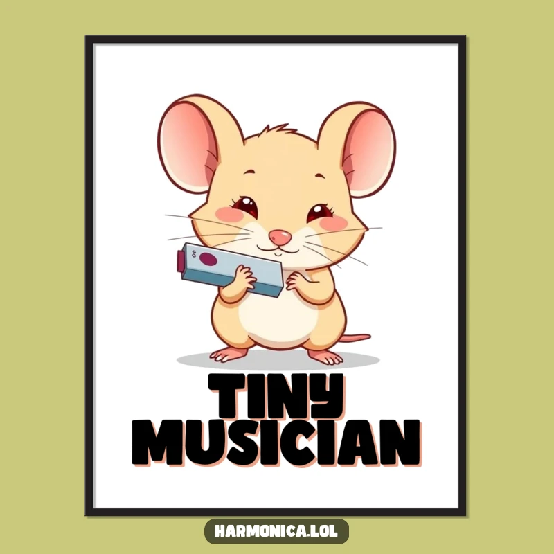 Funny Determined Mouse Harmonica Digital Art: Tiny Musician, Instant Gift