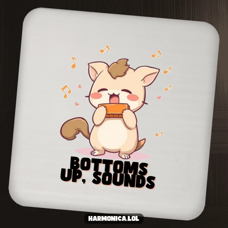 Funny drink coaster: A short-tailed creature shaking a harmonica with musical notes, a humorous addition to any drink setting.