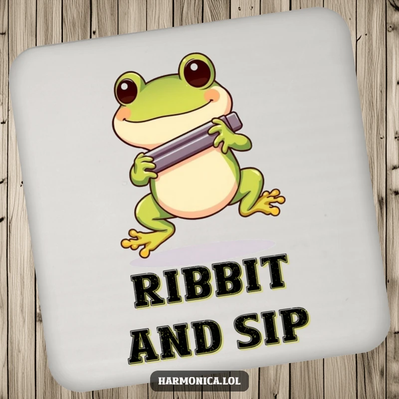 Funny Cheerful Frog Harmonica Coaster: A cheerful frog hopping with a harmonica, offering fun and funny surface protection.