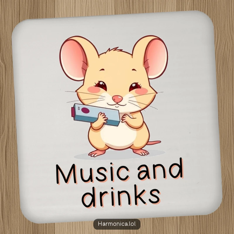 Funny Determined Mouse Harmonica Coaster: A determined mouse playing a tiny harmonica, offering fun and funny surface protection.