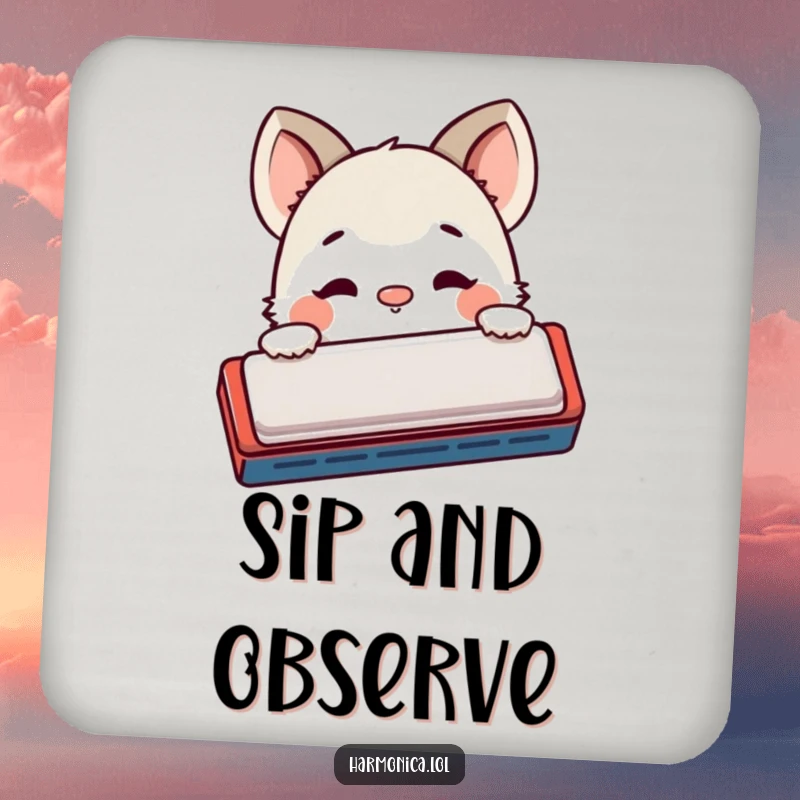 Funny drink coaster: A shy creature peeks from behind a harmonica, nose twitching curiously, adding whimsical humor to tabletops.