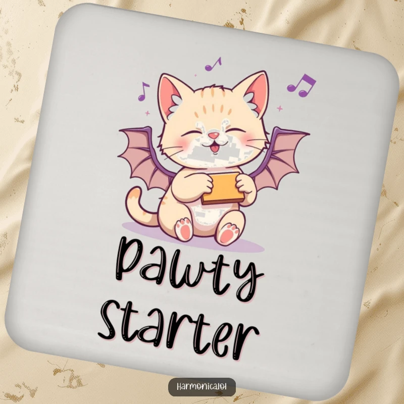 Funny drink coasters adorned with a playful kitten batting at a harmonica, protecting surfaces with musical mischief.
