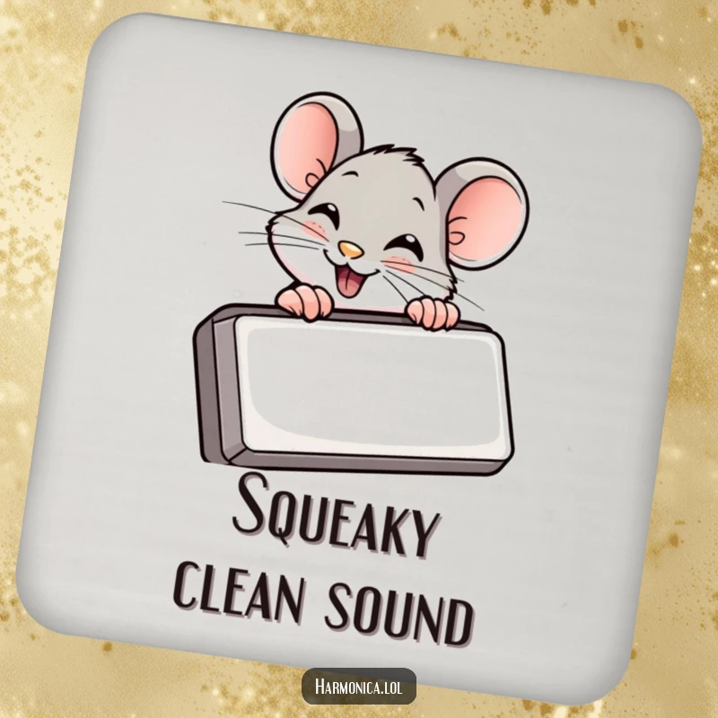 Funny drink coasters adorned with a giggling mouse peeking from behind a harmonica, protecting surfaces with musical charm.