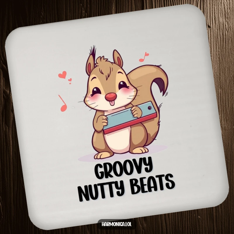 Funny squirrel harmonica coasters protecting drink surfaces with a musical squirrel design, adding a touch of playful humor to table settings.