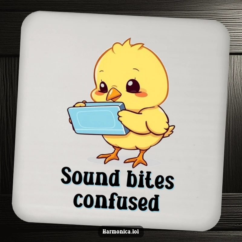 Funny chick harmonica coasters featuring a bewildered chick pecking at a harmonica, protecting surfaces with adorable humor, a charming funny gift set.