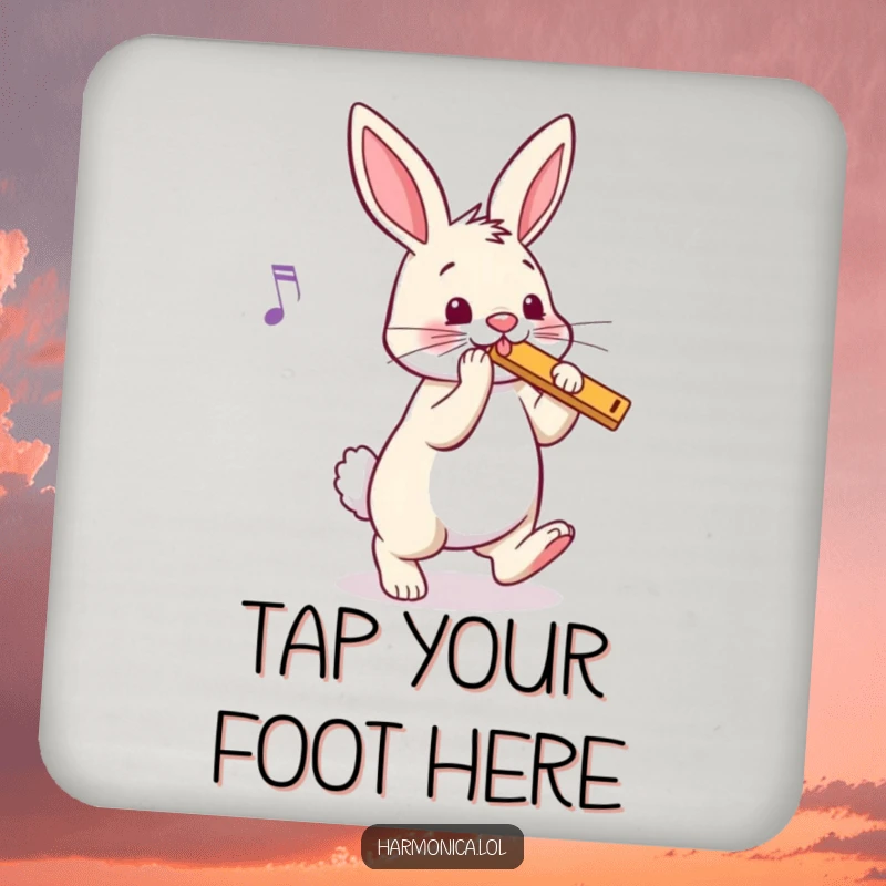Funny bunny harmonica coasters featuring a bouncy rabbit tapping its foot to music, protecting surfaces with rhythmic charm, a stylish funny gift set.