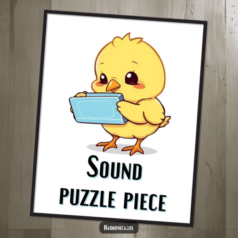 Funny chick harmonica poster displaying a bewildered chick curiously pecking at a harmonica, creating a cute and humorous focal point for decor.