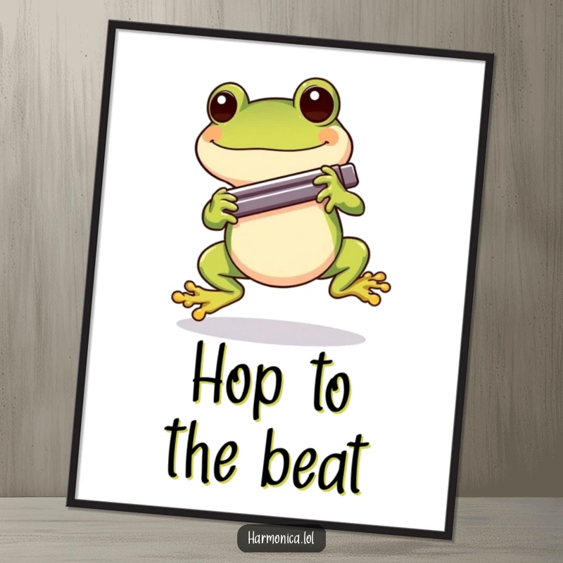 Funny Cheerful Frog Harmonica Poster: A cheerful frog hopping with a harmonica, capturing a fun and musical moment.