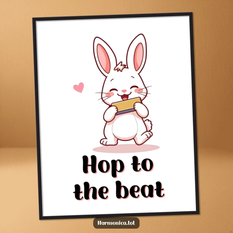 Funny poster of a cheerful rabbit hopping and smiling while playing a harmonica, adding whimsical musical art.