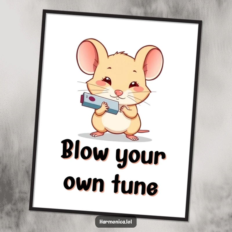 Funny Determined Mouse Harmonica Poster: A determined little mouse playing a tiny harmonica with all its effort, a funny musical art piece.